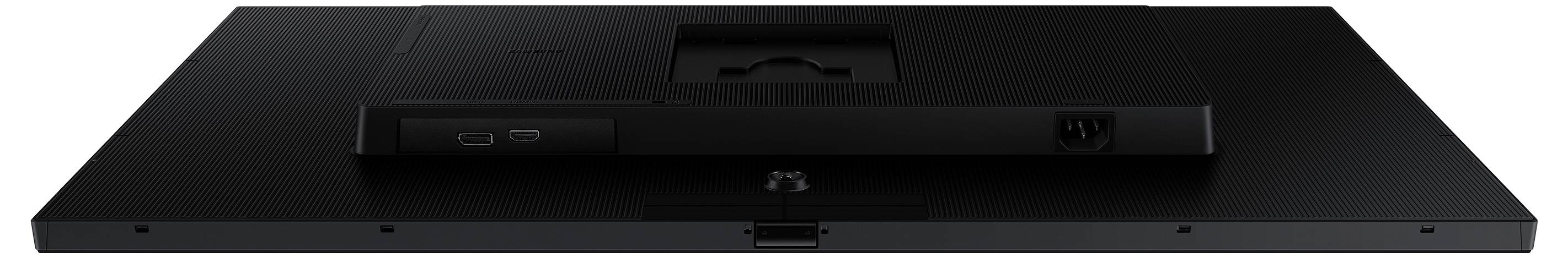 Un moniteur à écran plat noir vu de dos, montrant des ports et une zone de montage.