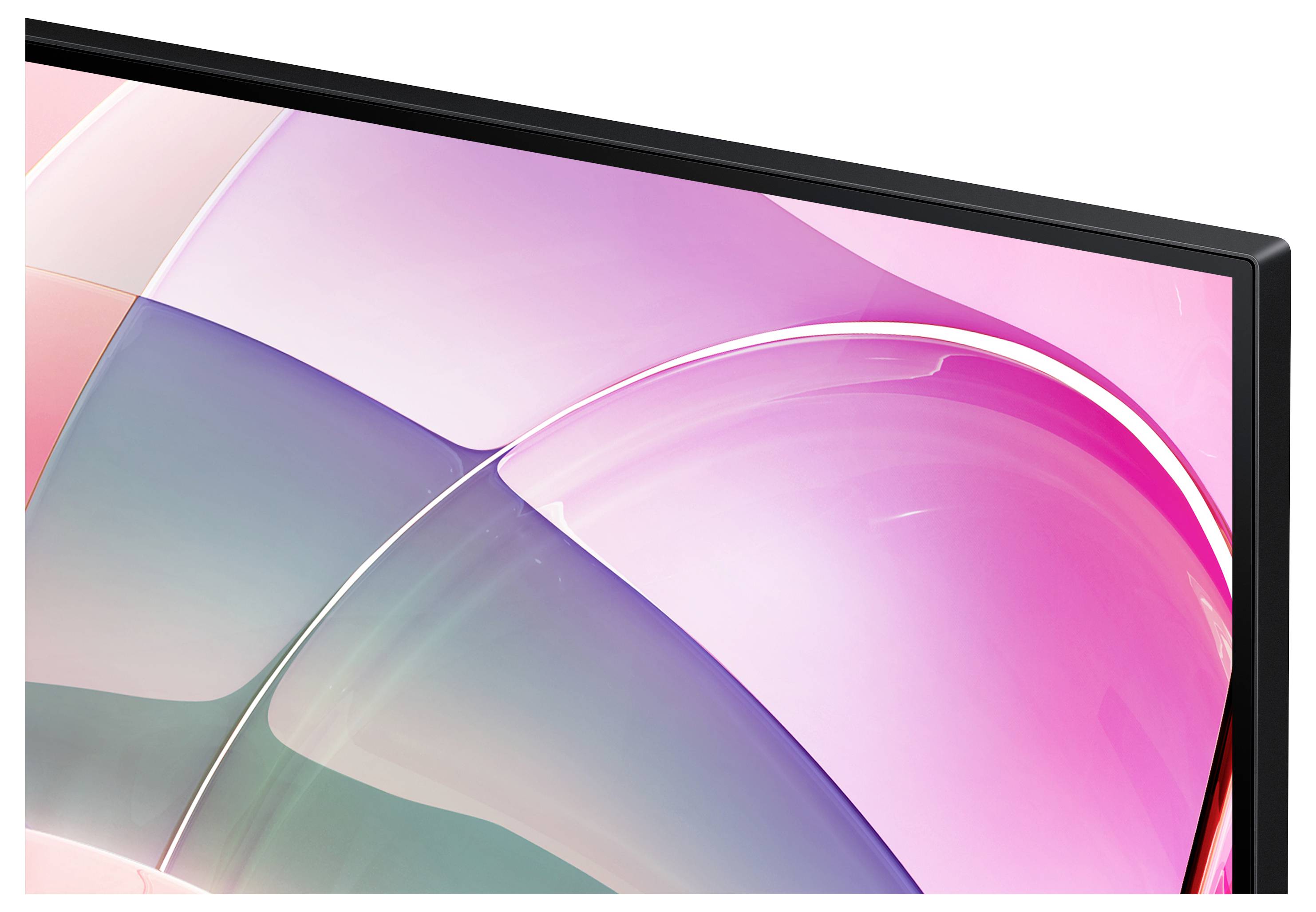 Un écran brillant affichant des formes courbes abstraites roses et violettes avec un cadre noir sur les bords, ressemblant à un moniteur d'affichage moderne.