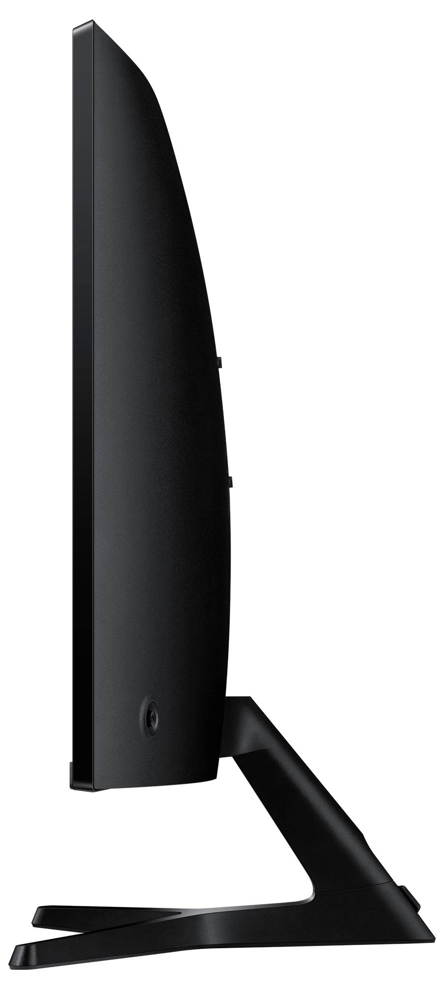 Une vue de côté d'un téléviseur moderne, fin et noir avec un écran plat, posé sur un support élégant, sur un fond blanc.