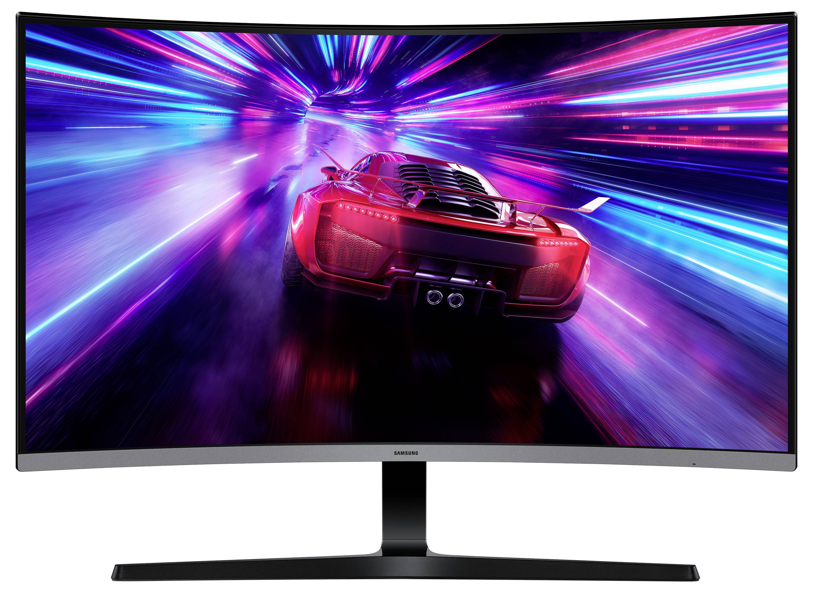 Une voiture de sport file à travers un tunnel éclairé au néon sur un écran incurvé, mettant en valeur le mouvement et des couleurs vibrantes dans un thème futuriste.