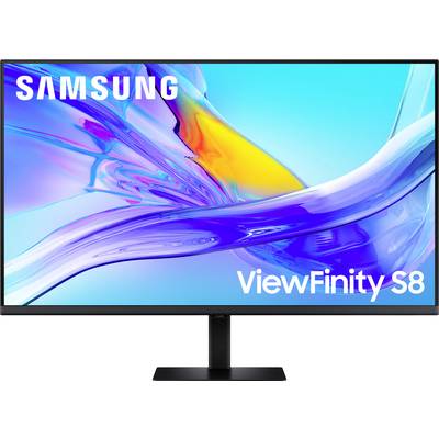 Écran 'SAMSUNG ViewFinity S8' avec un arrière-plan abstrait bleu et jaune.
