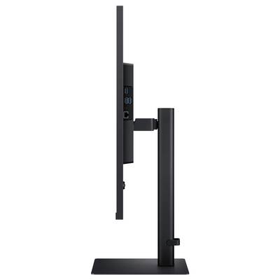 Vue latérale d'un écran noir fin sur un support, montrant trois ports USB et un port Ethernet à l'arrière de l'écran.