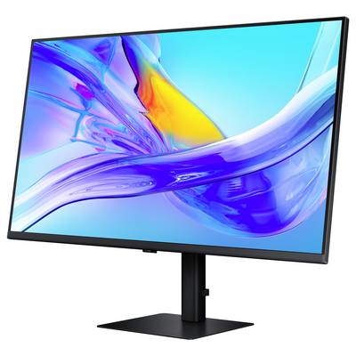 Un moniteur d'ordinateur élégant affichant une image abstraite vibrante avec des nuances de bleu, de violet et de jaune. Le moniteur est installé sur un support noir.