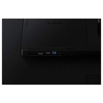 « Dos d'un écran Samsung montrant divers ports, dont HDMI, DisplayPort et un port USB 3.0, sur une surface texturée noire. »
