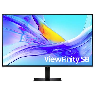 Un écran affiche des formes abstraites vibrantes en bleu et orange sur l'écran, avec le texte « ViewFinity S8 » dans le coin inférieur droit.