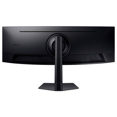 La vue arrière d'un écran d'ordinateur large et noir, montrant son support et son design élégant.