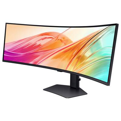 Un grand écran d'ordinateur incurvé avec des couleurs abstraites vibrantes en rose, orange et turquoise affichées à l'écran.