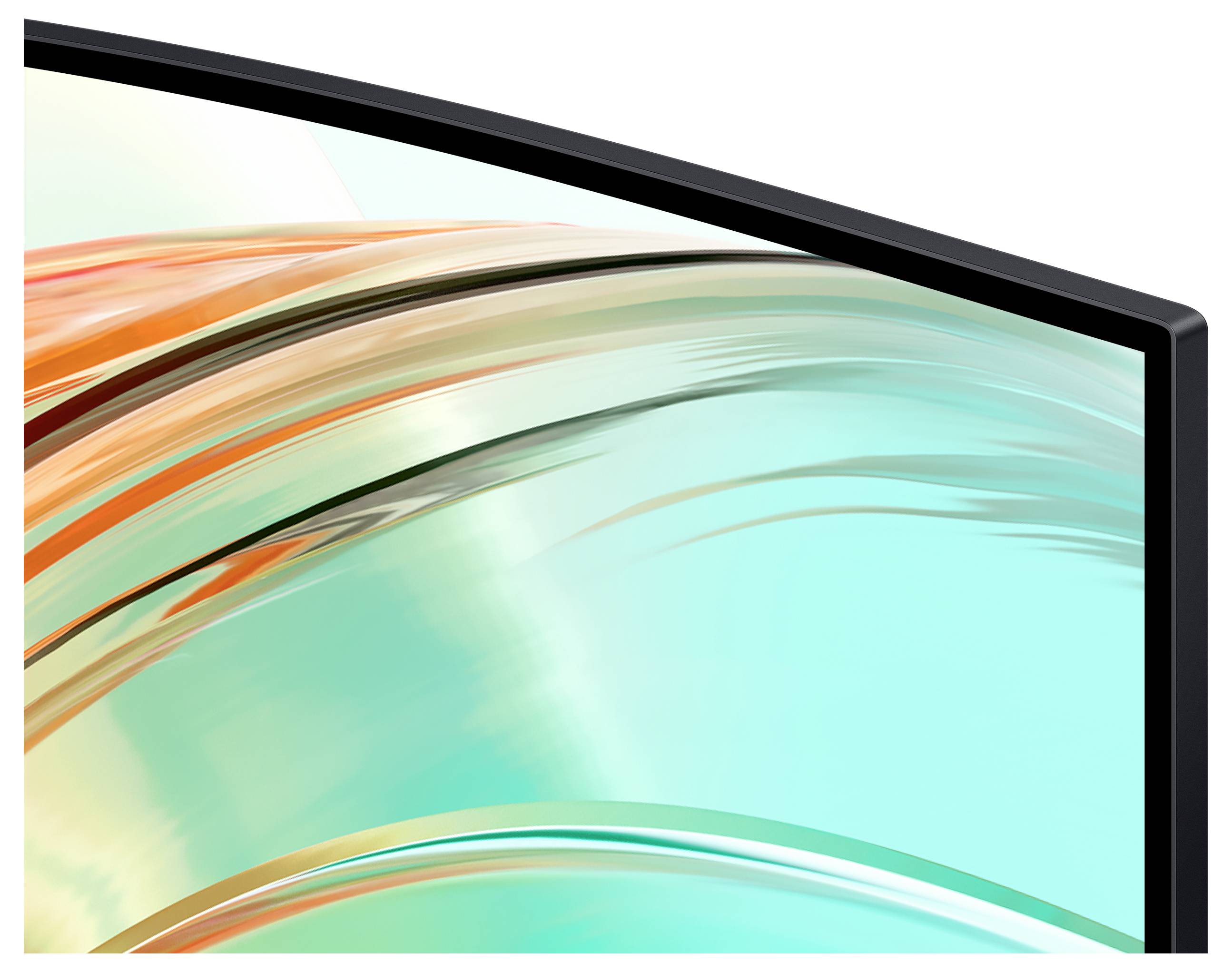 Coin d'écran incurvé avec des motifs d'ondes abstraits et colorés dans des teintes d'orange et de bleu-vert, représentant un design de technologie numérique moderne.