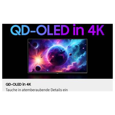 Une image dynamique sur le thème de l'espace sur un écran de téléviseur QD-OLED 4K, présentant des planètes et une nébuleuse aux couleurs éclatantes. Texte : « QD-OLED en 4K ».