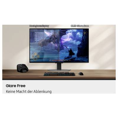 Un écran d'ordinateur affiche un jeu vidéo de fantasy avec un dragon et un guerrier. Le texte indique « Hochglanzdisplay » et « OLED Glare Free ».