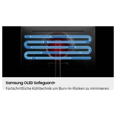 L'illustration « Samsung OLED Safeguard+ » montre une technologie de refroidissement avancée permettant de minimiser les risques de brûlure d'écran.