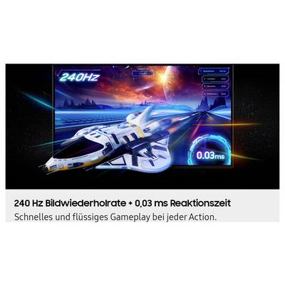 Un vaisseau spatial futuriste défile sur un écran affichant « 240 Hz » et « 0,03 ms », soulignant un gameplay rapide, fluide et un temps de réponse instantané.