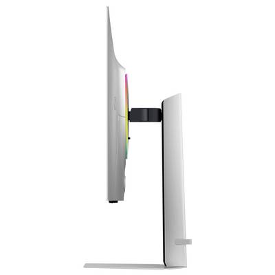 Vue latérale d'un écran d'ordinateur fin et moderne avec un anneau lumineux coloré à l'arrière, mettant en valeur son design élégant et son support réglable.