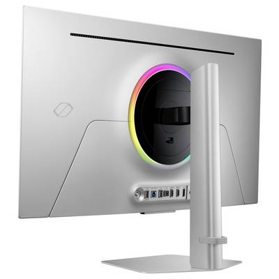 Un moniteur d'ordinateur argenté vu de dos, doté d'un anneau lumineux LED circulaire autour de la base du support et de plusieurs ports de connectivité.