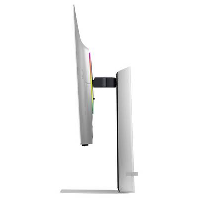 Vue latérale d'un écran d'ordinateur moderne et fin avec un support minimaliste, mettant en valeur un design épuré et un écran légèrement incurvé.