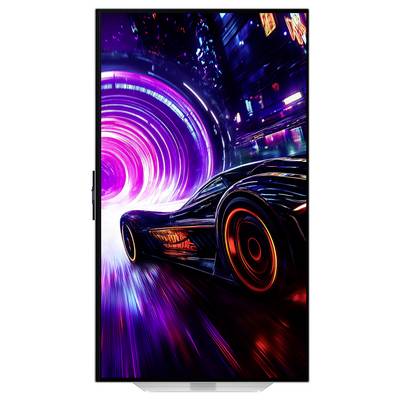 Une voiture futuriste fend l'espace urbain illuminé de néons, laissant des traînées lumineuses derrière elle, avec un tunnel lumineux en arrière-plan.