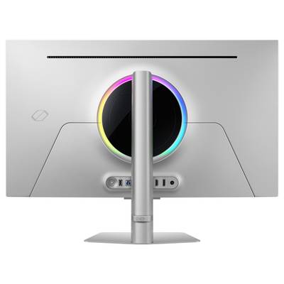 Vue arrière d'un écran d'ordinateur avec un éclairage LED circulaire brillant dans plusieurs couleurs autour de la fixation du socle.
