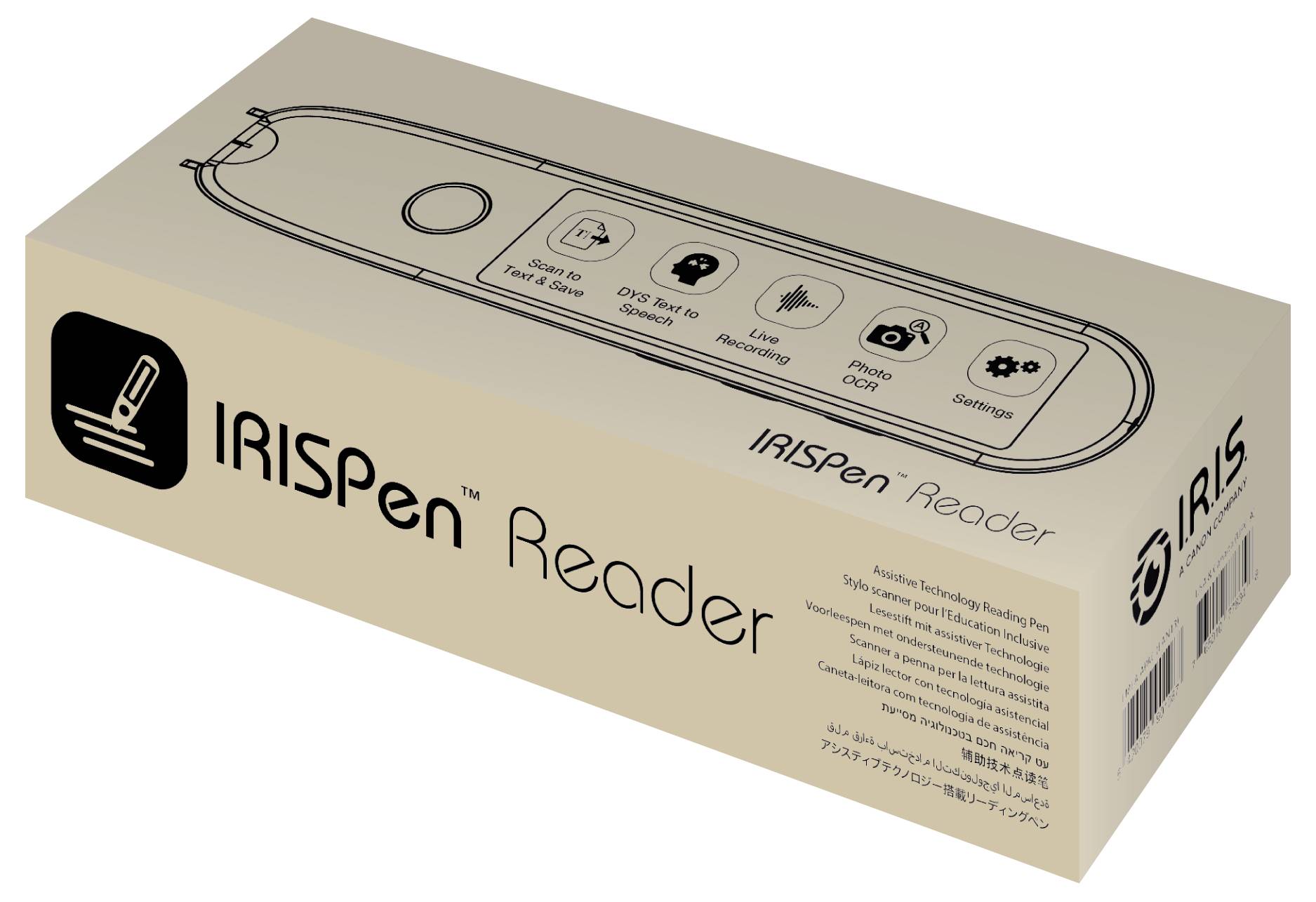 Boîte du lecteur IRISPen, présentant l'image du produit et des icônes représentant différentes fonctionnalités comme la lecture de texte et de codes-barres, sur un emballage beige.