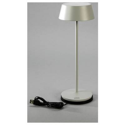 Une lampe de table élégante et moderne en argent, avec une prise USB sur un fond gris.