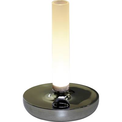 Une lampe de table moderne avec un tube lumineux cylindrique posé sur un socle rond réfléchissant, émettant une lueur douce et chaleureuse, adaptée à l'éclairage d'ambiance.