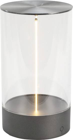 Une lampe LED cylindrique en verre avec une base et un sommet métalliques, présentant une bande lumineuse verticale au centre.