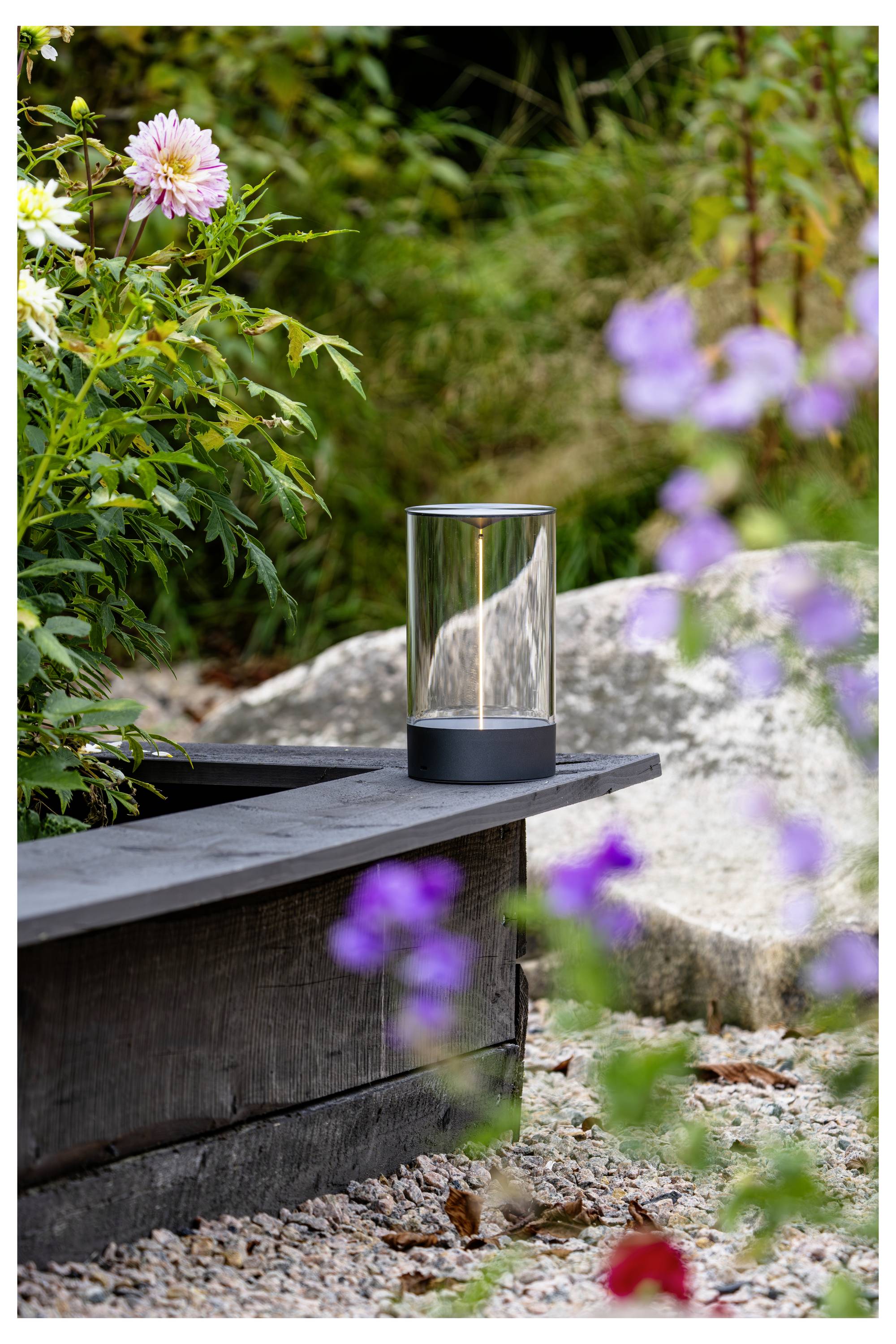 Une lanterne en verre transparent posée sur un banc en bois sombre dans un jardin, entourée de fleurs colorées et de verdure, créant une atmosphère sereine.