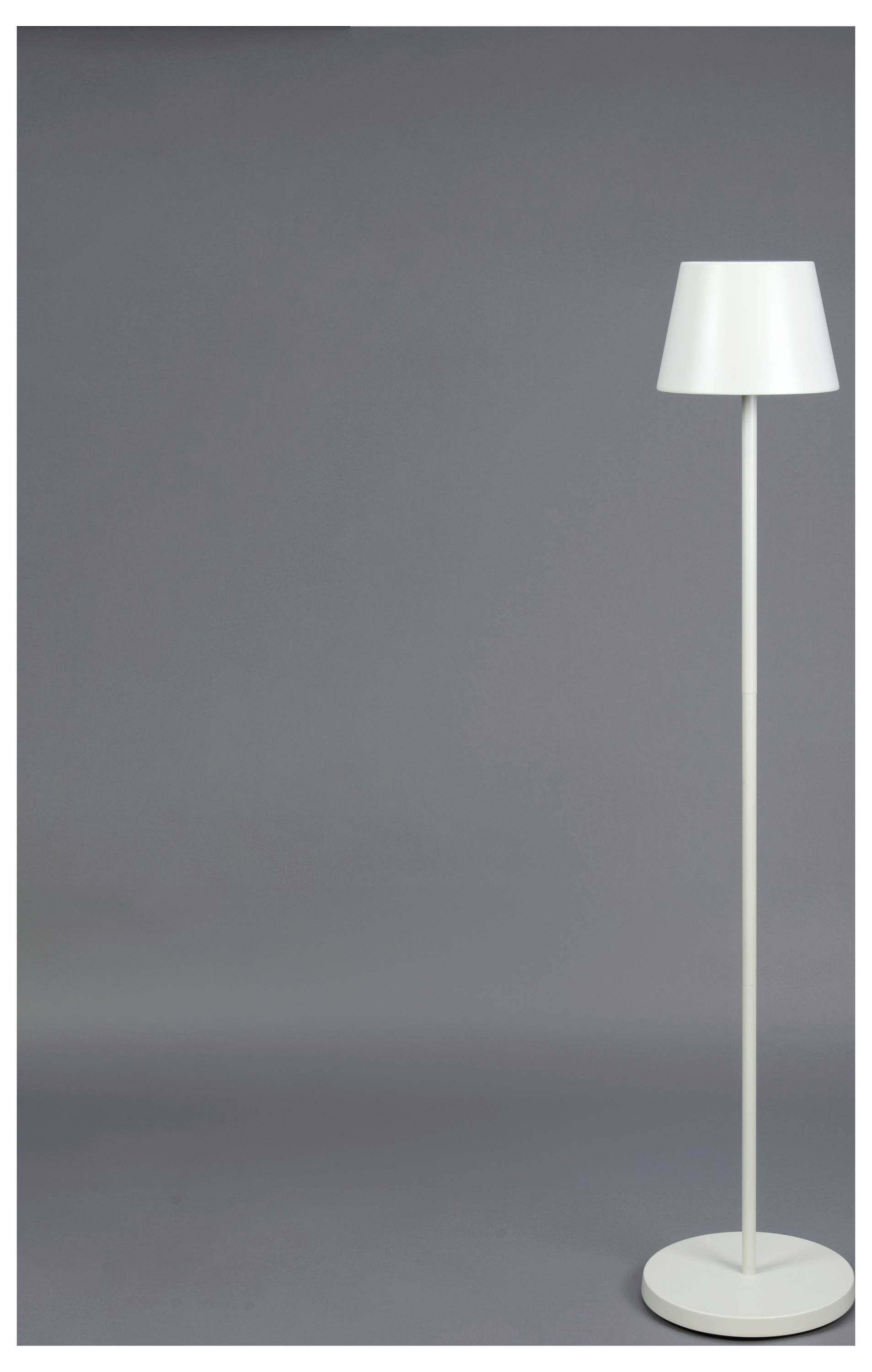 Une lampe sur pied minimaliste blanche avec un abat-jour conique se dresse contre un fond gris uni.
