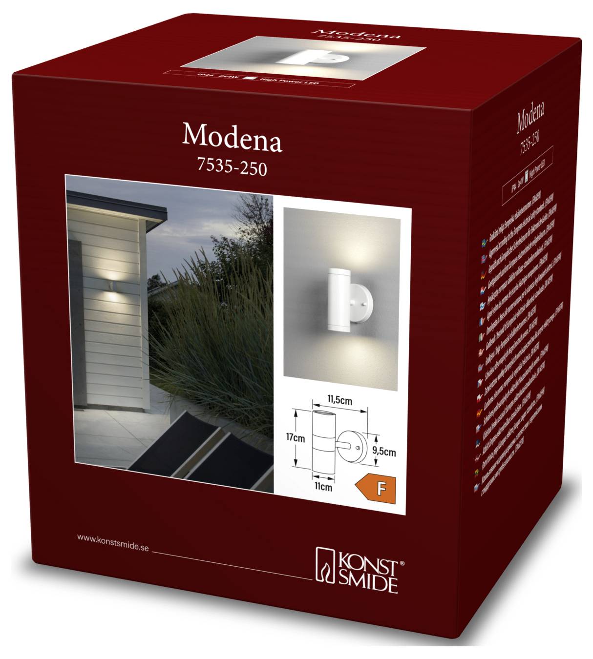 Une boîte rouge pour un éclairage mural extérieur Konstsmide Modena, modèle 7535-250. L'emballage présente une image du luminaire, un schéma avec les dimensions et une classe énergétique 'F'.