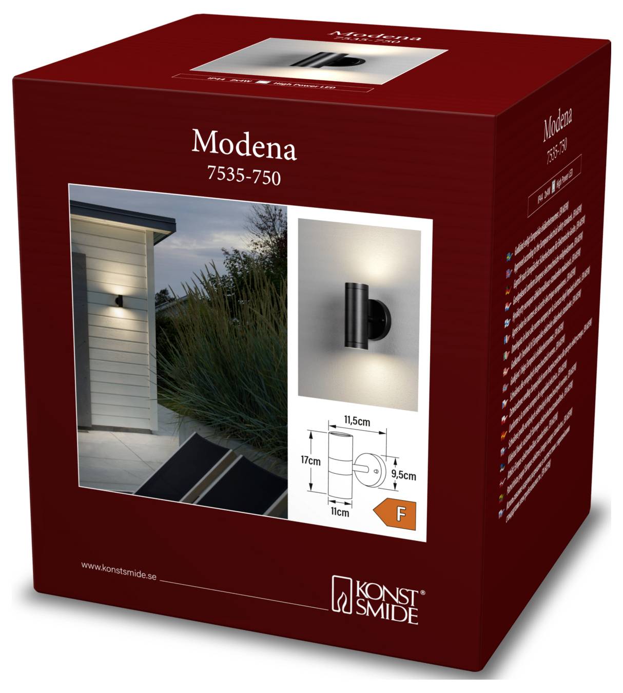 Boîte d'emballage pour applique murale extérieure étiquetée « Modena 7535-750 ». Comprend une image du luminaire et ses dimensions. Classe énergétique : F.