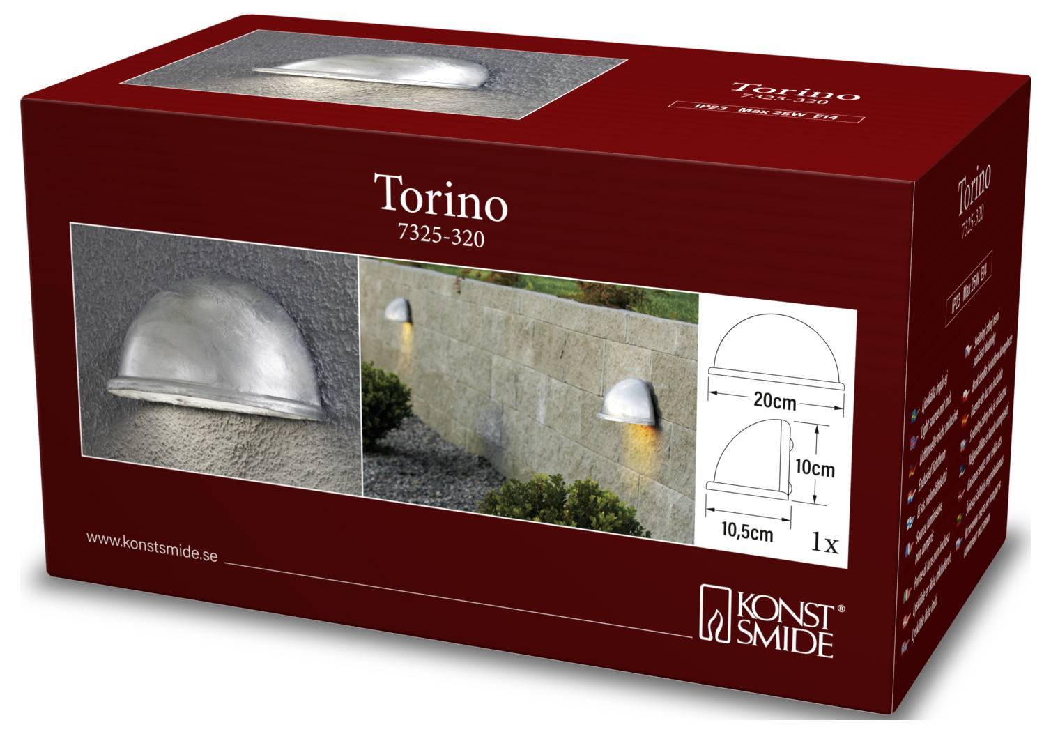 L'image présente un emballage de produit pour le luminaire mural 'Torino 7325-320' de Konst Smide, présentant un design en demi-dôme et ses dimensions.