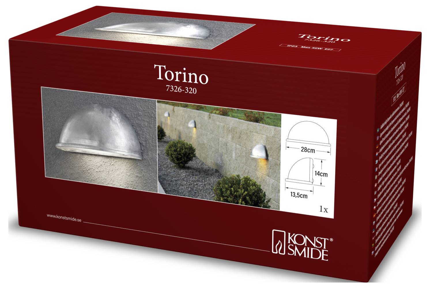 Boîte de produit pour 'Torino 7326-320', comprenant un luminaire mural extérieur avec les dimensions suivantes : largeur 28 cm, hauteur 13,5 cm, profondeur 16 cm.