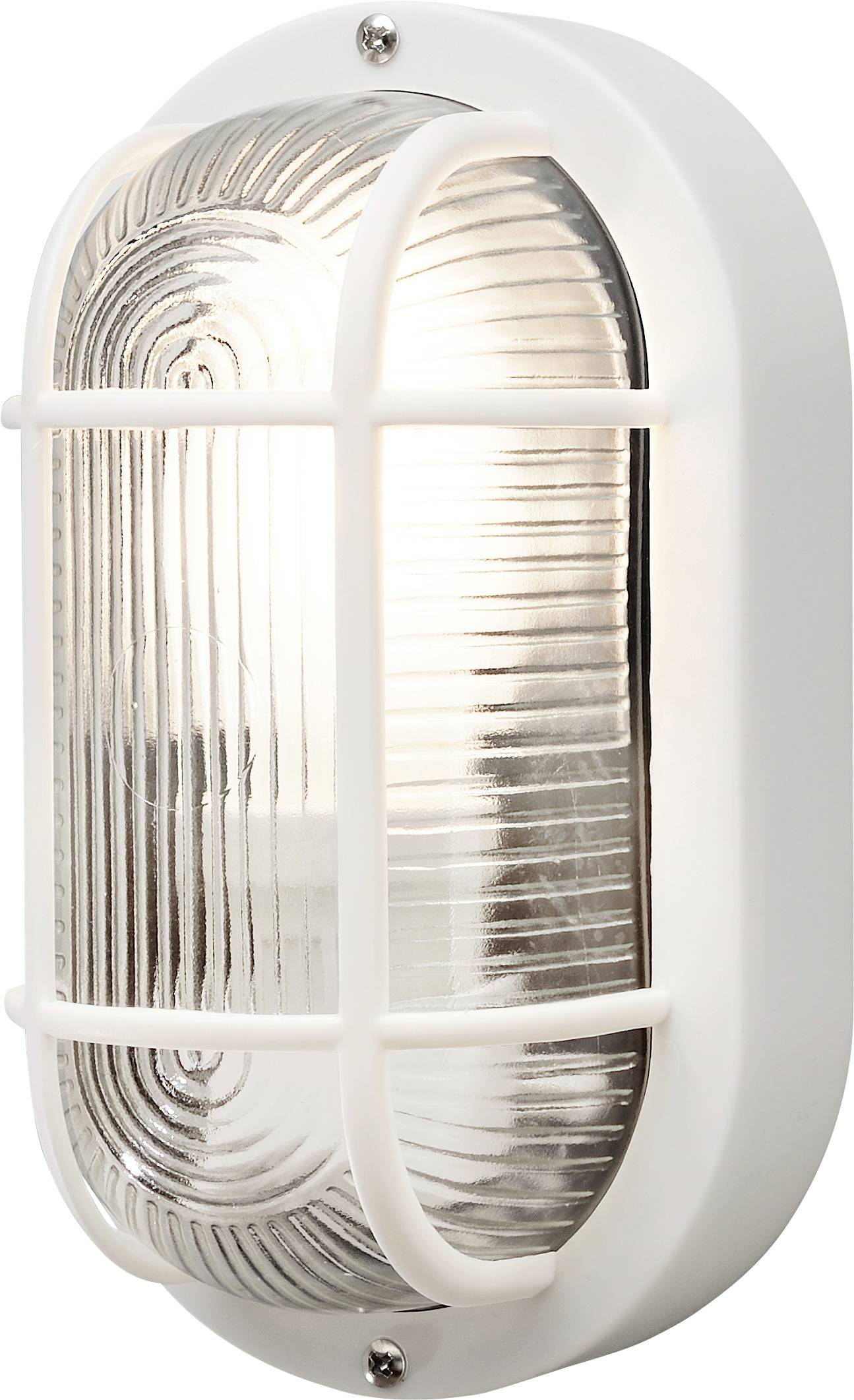 Applique murale ovale blanche avec un abat-jour en verre strié et une grille métallique.