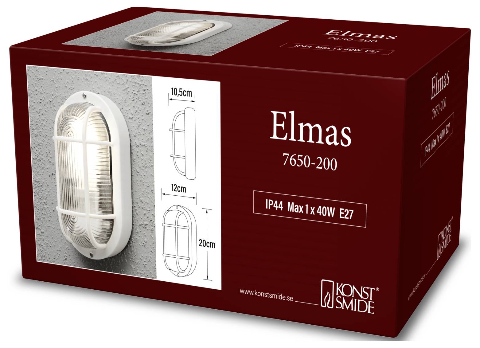 Boîte d'un luminaire mural extérieur étiqueté 'Elmas 7650-200' avec une image de fixture blanche, dimensions et texte : 'IP44 Max 1x 40W E27'.
