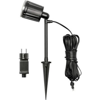 Projecteur LED extérieur avec piquet noir et long cordon d'alimentation, conçu pour l'éclairage paysager. Comprend un adaptateur de prise pour une installation facile.