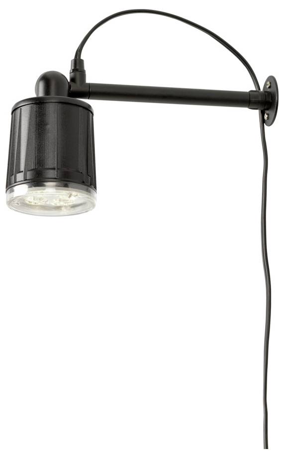 Un luminaire extérieur noir fixé au mur, doté d'un bras ajustable et d'une ampoule orientée vers le bas, relié par un cordon d'alimentation visible.