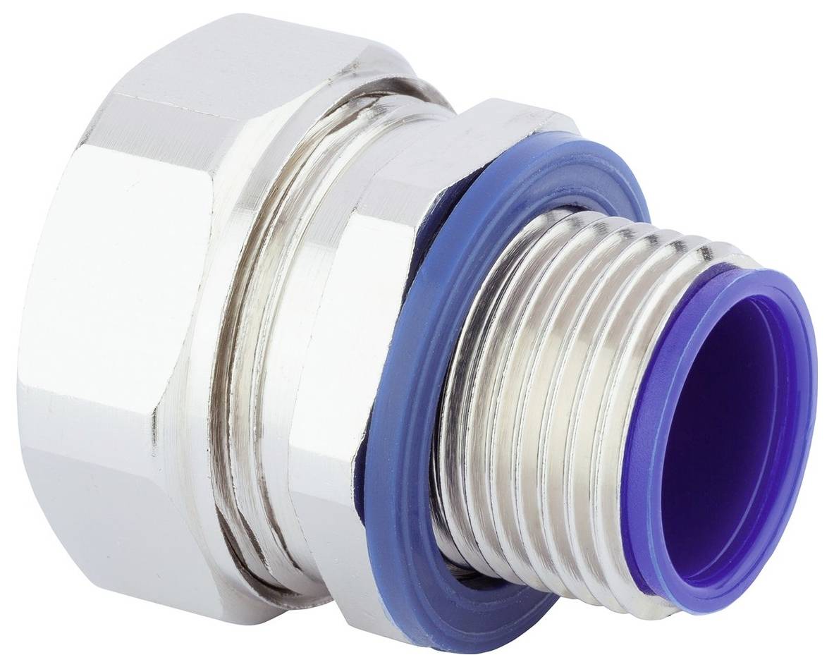 Un connecteur métallique avec un écrou hexagonal et un anneau d'étanchéité bleu, utilisé pour fixer des composants de plomberie ou électriques.