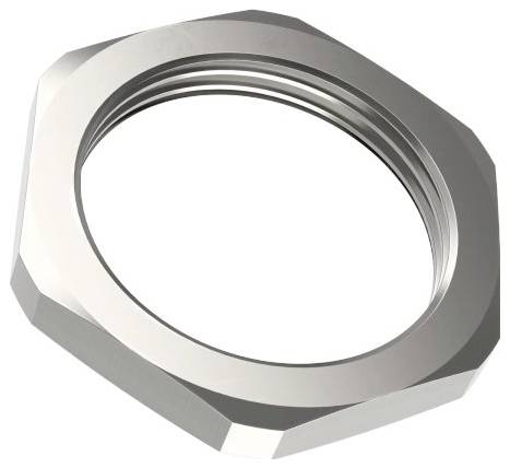 Un écrou hexagonal métallique fileté, dont les filets sont visibles à l'intérieur, utilisé dans les machines ou l'ingénierie pour fixer des pièces sur un boulon fileté.