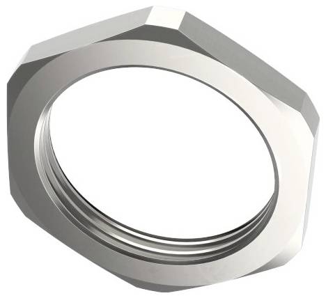 Un écrou hexagonal métallique à filetage intérieur, conçu pour fixer et maintenir des composants dans des assemblages mécaniques.