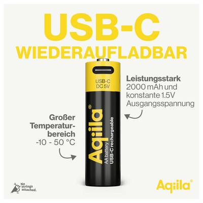 'Batterie rechargeable USB-C d'Aqila. Puissante : 2000 mAh, tension constante de 1,5V. Plage de température de fonctionnement : -10 à 50°C.'