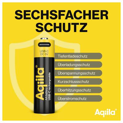 'Fond jaune avec une batterie noire au centre. Texte en haut : Protection sixfois. Sur le côté : Liste des fonctions de protection.'