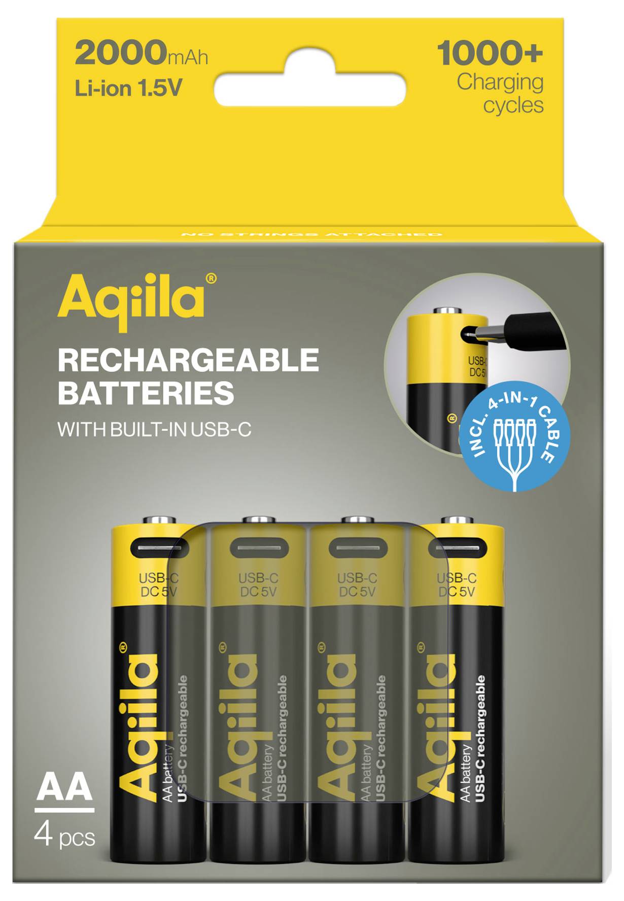 Quatre piles rechargeables AA de la marque 'Aqíla' avec port USB-C, 2000 mAh, 1,5 V, incluant un câble 4-en-1. Plus de 1000 cycles de charge.