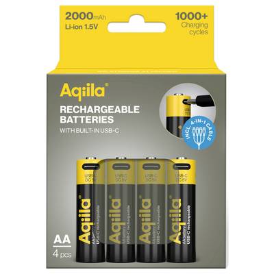 Quatre piles rechargeables AA de la marque 'Aqíla' avec port USB-C, 2000 mAh, 1,5 V, incluant un câble 4-en-1. Plus de 1000 cycles de charge.