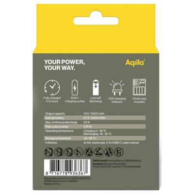 Verso d'un emballage de pack de batteries. Contient des spécifications techniques, un indicateur de charge LED et des cycles de charge ; coordonnées en bas.