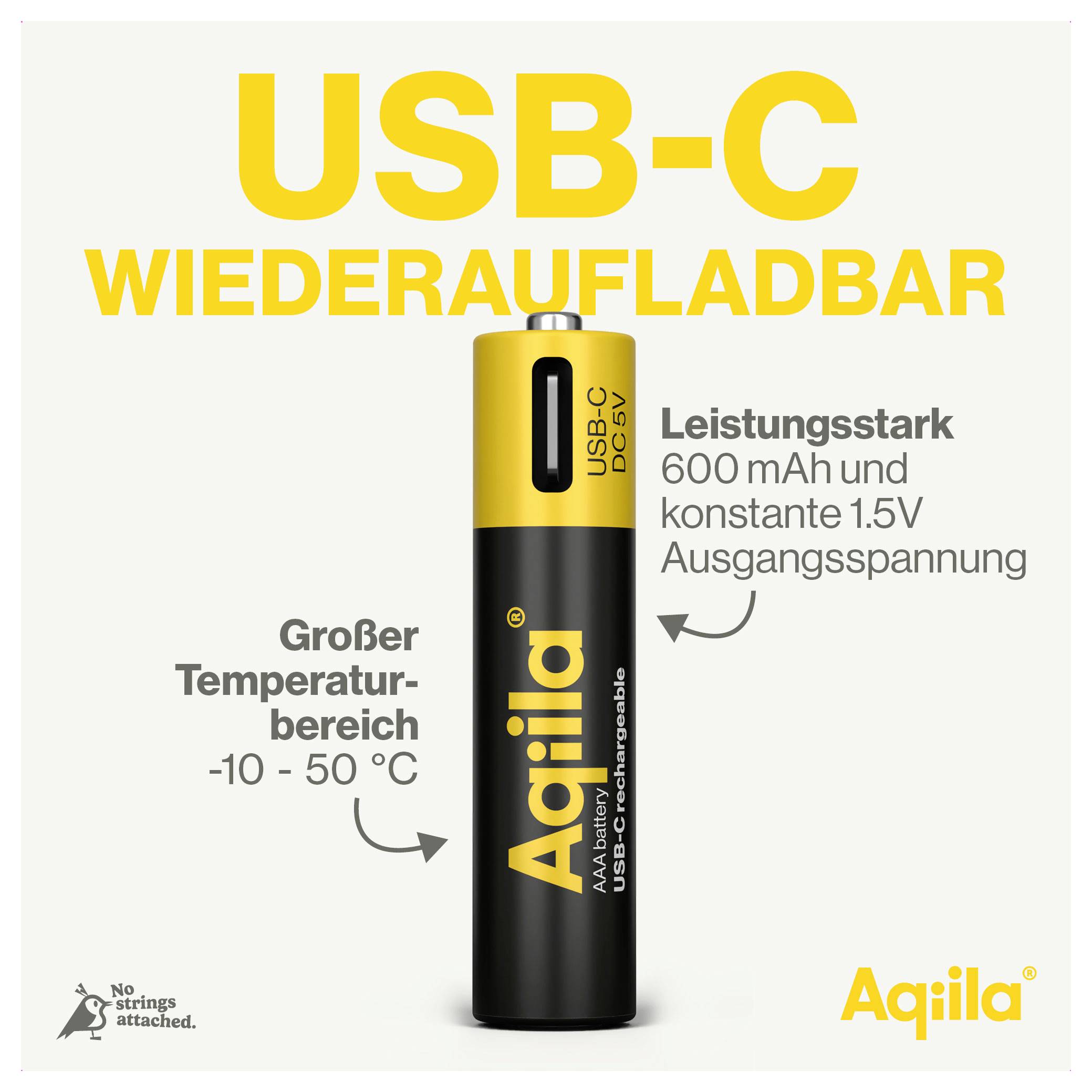 Batterie rechargeable USB-C d'Aqila de 600 mAh, avec une tension de sortie constante de 1,5 V. Fonctionne à des températures allant de -10 à 50°C.