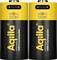 Deux batteries rechargeables cylindriques en noir et jaune avec port USB-C, étiquetées en gras « Aquila », « Batterie 123A » et « USB-C DC 5V ».