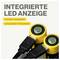 Deux batteries jaunes avec des connexions de câble USB et des LED. Texte : 'Indicateur LED intégré', 'Lumière clignotante - en cours de charge', 'Lumière fixe - 100% chargé'.
