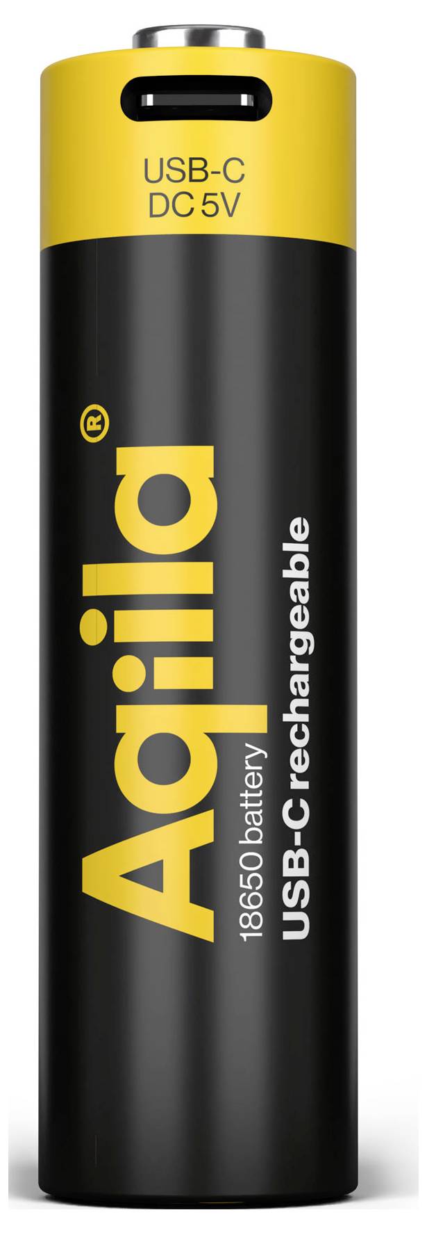 Batterie rechargeable USB-C, modèle Agiia 18650, capacité indiquée DC 5V, forme cylindrique, design jaune et noir.