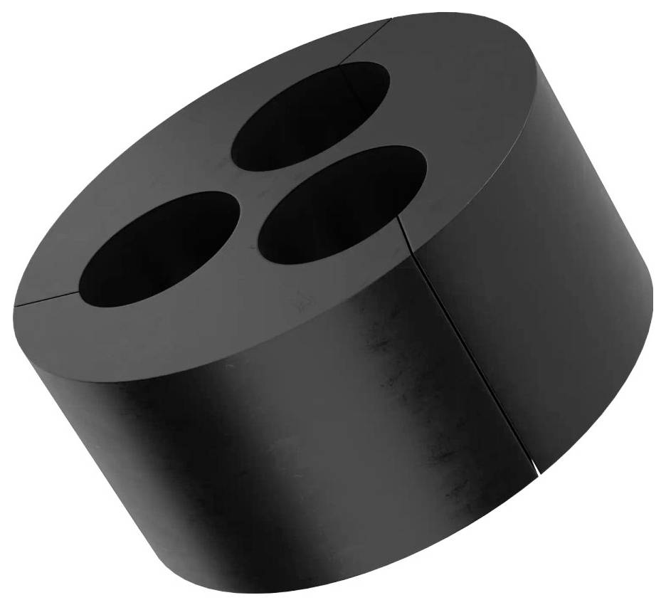 Un objet cylindrique noir avec trois trous circulaires disposés en motif triangulaire, vu sous une perspective inclinée.
