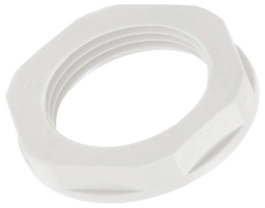 Un écrou en plastique blanc, hexagonal, avec un filetage intérieur, utilisé pour fixer ou maintenir des pièces lors d'un assemblage.