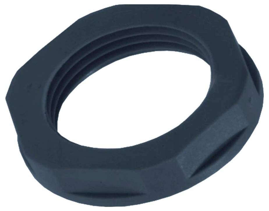 Un écrou de blocage hexagonal noir en plastique avec un filetage interne, utilisé pour maintenir des composants en place.